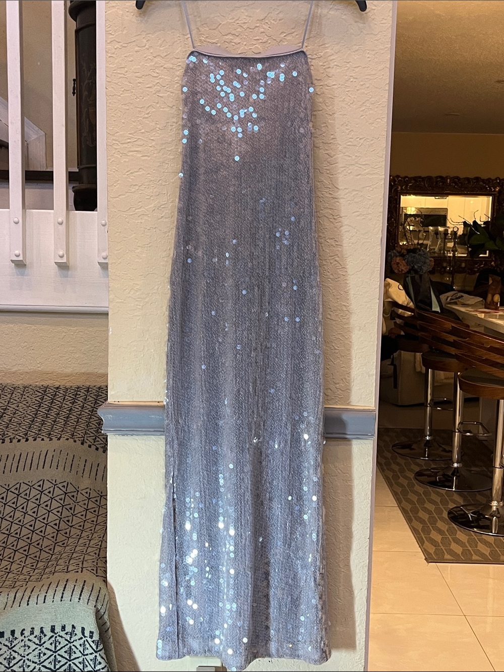 Dynamite Silver Sequin Maxi Dress with Spaghetti Straps